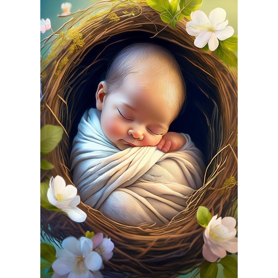 Postcard. Baby lying in the nest