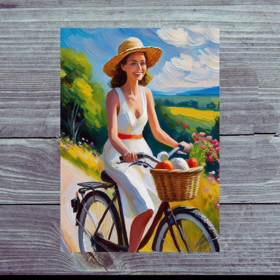 Postcard / Woman on bicycle with basket