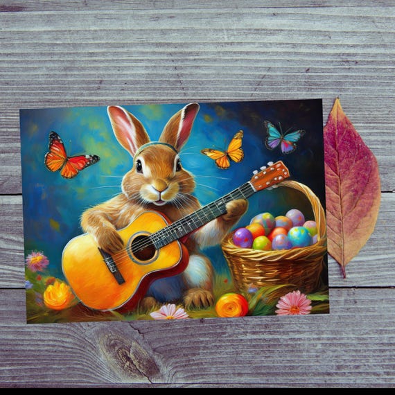 Postcard. Easter Bunny playing guitar