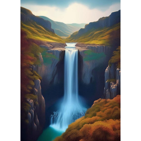 Postcard. Fantasy landscape with waterfall