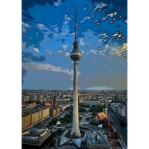 May include: A tall, white tower with a pointed top stands against a blue sky with white clouds. The tower is surrounded by a city skyline.