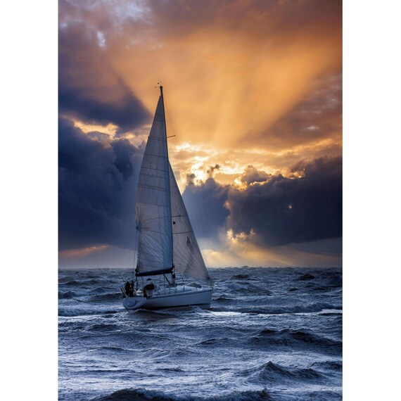 Postcard. Sailboat with sunset