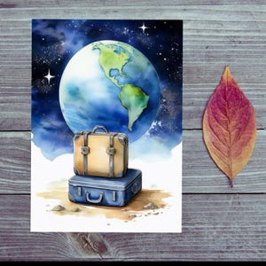 Carte postale / Bon Voyage / Moon Trip / Valise sur la Lune avec la Terre en arrière-plan
