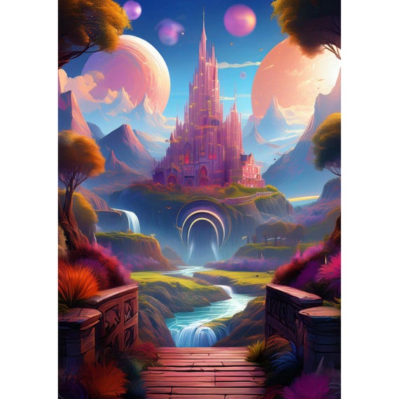 Postcard. Fantasy castle with planets and river
