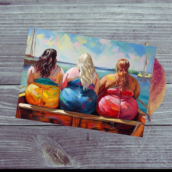 Postcard. Three women in a boat / quiet boat scene