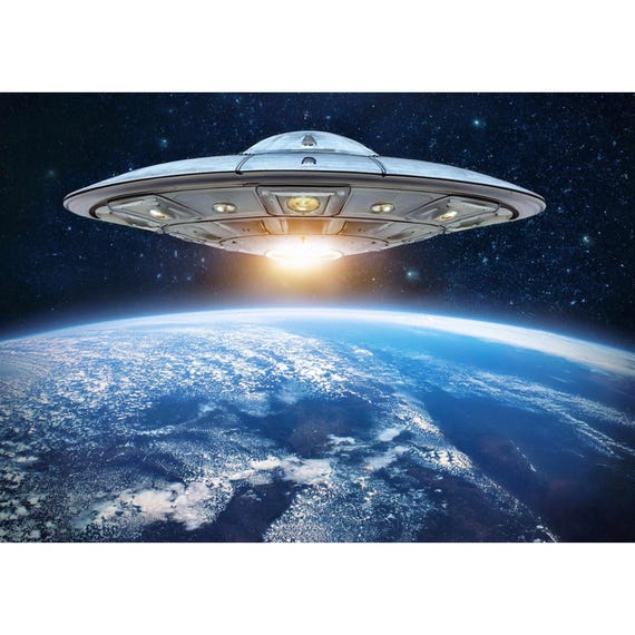 Postcard. UFO hovers over Earth