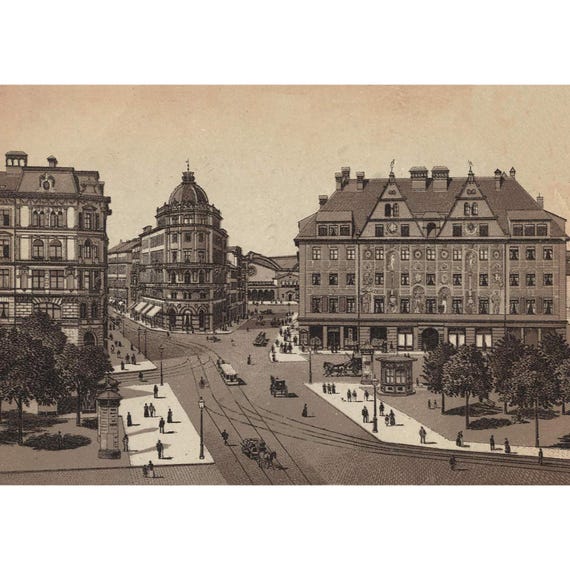 Retro postcard / Munich / View from Karlstor to the train station / around 1895