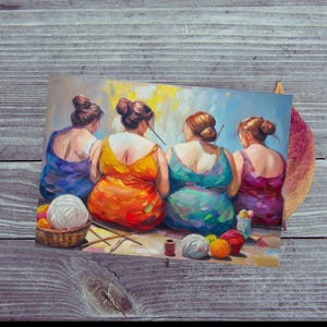 Postal / Tres mujeres tejiendo / Postal única para mujeres amantes del tejido