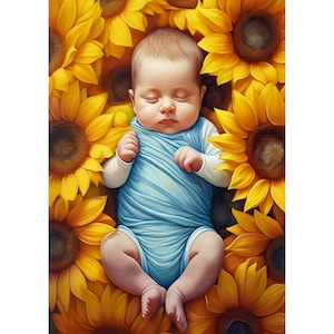 Carte postale. Bébé entouré de tournesols