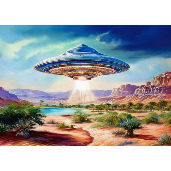 Postcard. A UFO flies over the desert