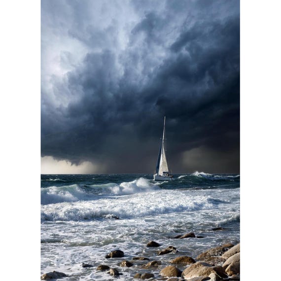 Postcard. Sailboat with approaching storm