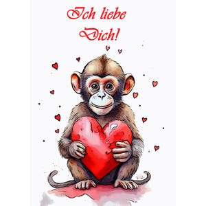 Könnte beinhalten: Ein Cartoon-Affe hält ein rotes Herz mit dem Text "Ich liebe Dich!" in roten Buchstaben über dem Affen.