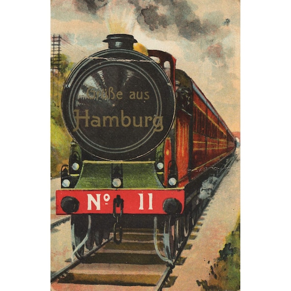 Postcard. Locomotive. Greetings from Hamburg