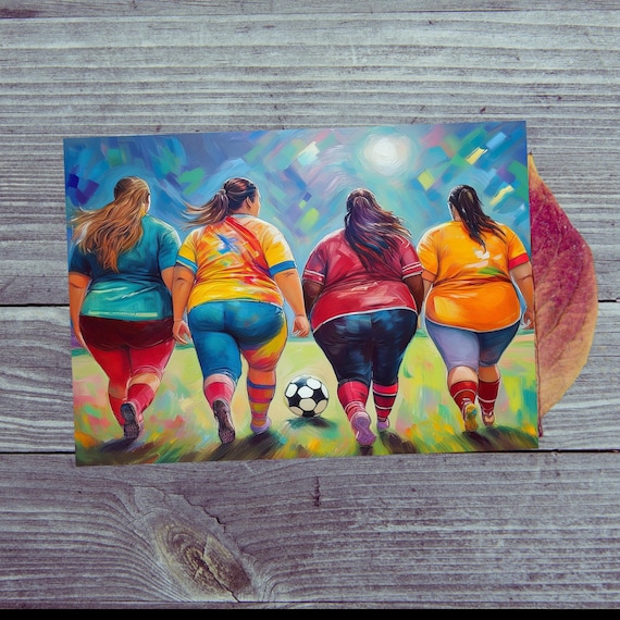 Postcard. Women playing football / High-quality postcard with motif of four women playing football