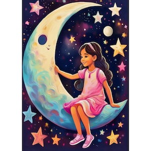 Cartolina. Ragazza seduta sulla luna