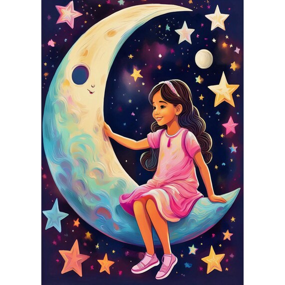 Postcard. Girl sitting on the moon