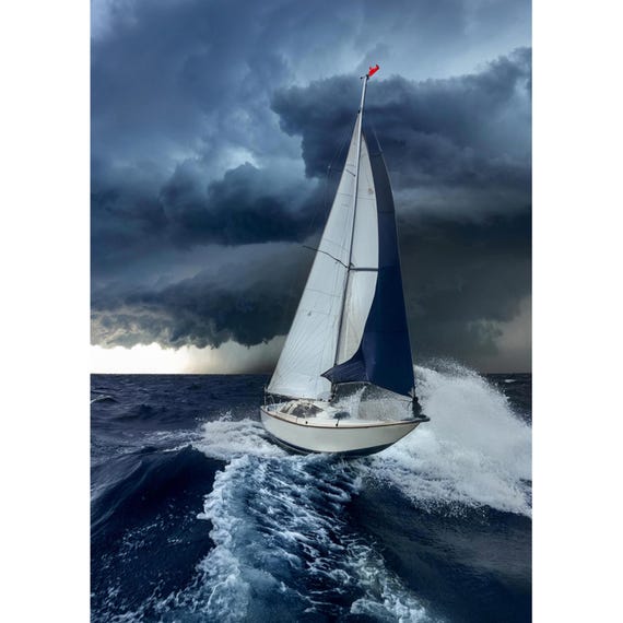 Postcard. Sailboat hits a wave