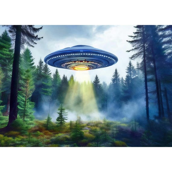 Postcard. UFO lands in a clearing
