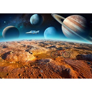 Carte postale. Espace avec un vélo sur une planète