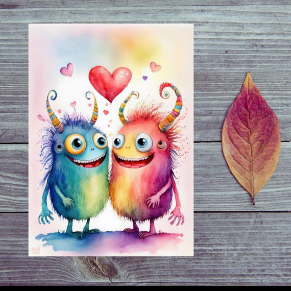 Postcard / Two Lovers Sweet Monsters Postcard / A Heartfelt Message of Love