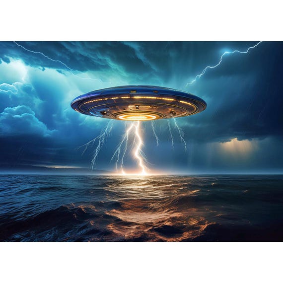 Postcard. UFO hovering over water