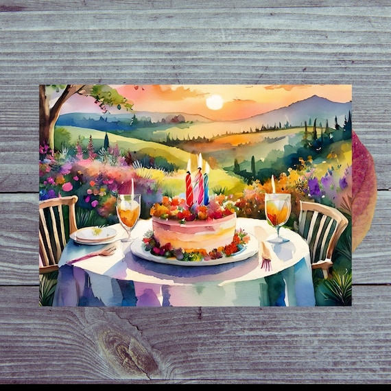 Postcard/ Birthday card / In the garden with cake