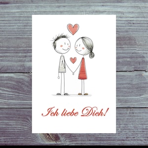 Carte postale / Couple dessiné avec un cœur / Parfait pour les messages « Je t'aime »