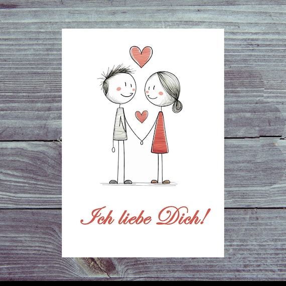Postcard / Drawn couple with heart / Perfect for I love you messages