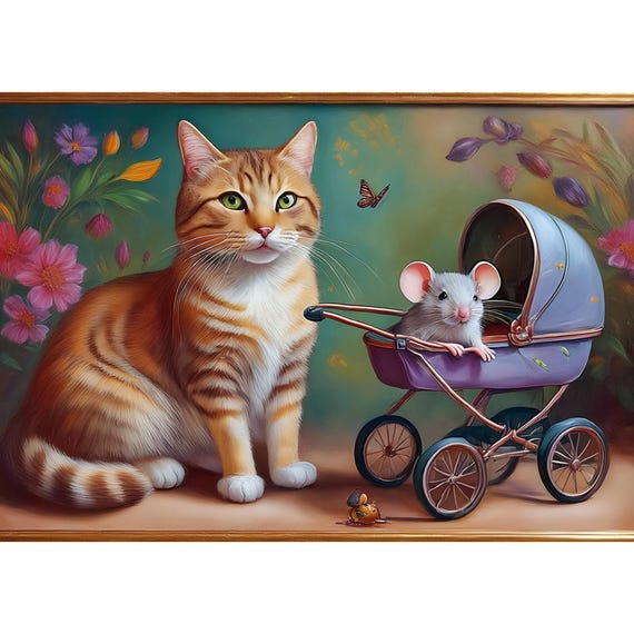 Postcard. Cat with mouse in stroller