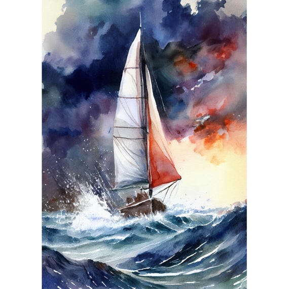 Postcard. Sailboat with storm