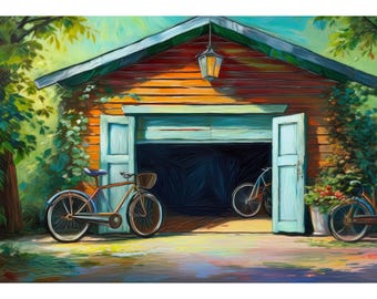 Pocztówka z ilustracją rowerową – Karta z letnią sceną i garażem rowerowym – Prezent dla fana rowerów – Kartka okolicznościowa