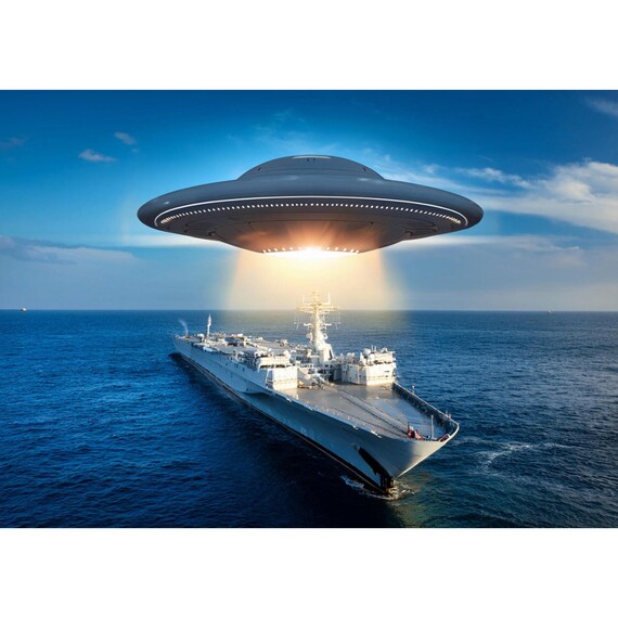 Postcard. UFO flying over a ship