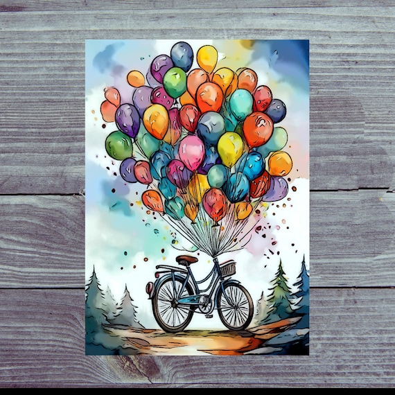 Postcard / Bicycle with colorful balloons