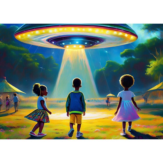 Postcard. Three children marvel at a UFO