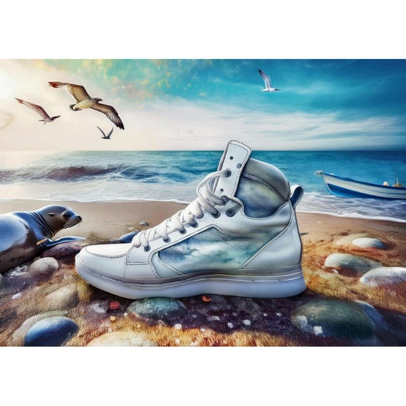 Postcard. Sneakers on the beach
