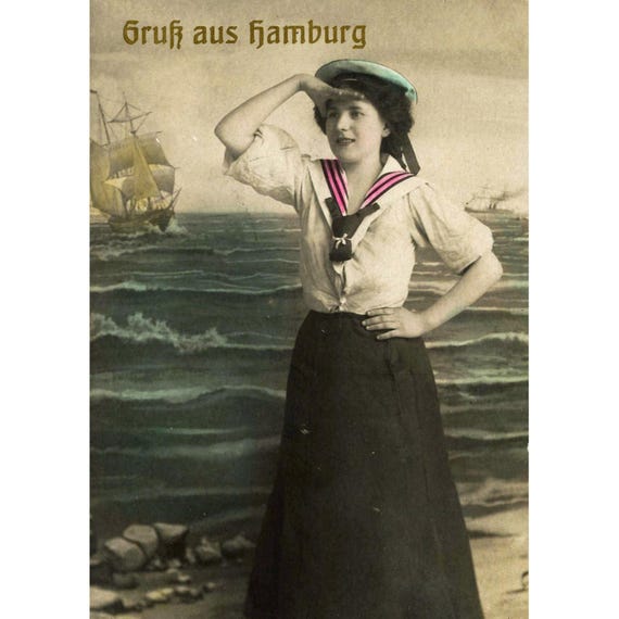 Postcard. Hamburg. Woman in sailor suit around 1909