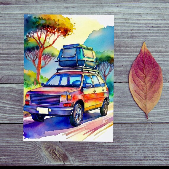 Postcard / Have a nice trip / By car / Unique travel postcard with car