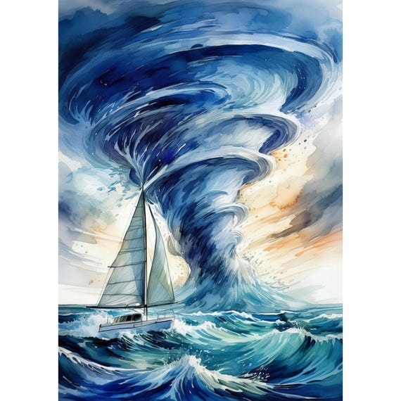Postcard. Sailboat with tornado