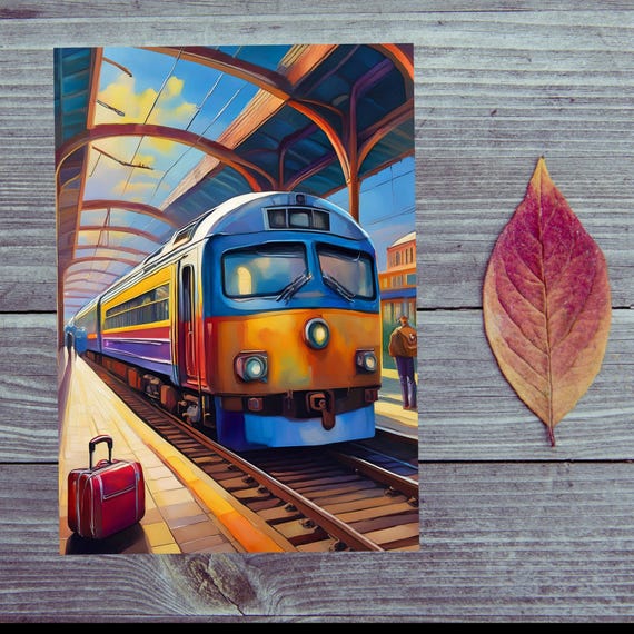 Postcard / Have a nice trip / By train / Train in the station / Have a nice trip wishes