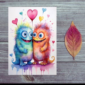 Postkarte / Zwei Verliebte Süße Monster Postkarte / Eine Herzliche Botschaft der Liebe