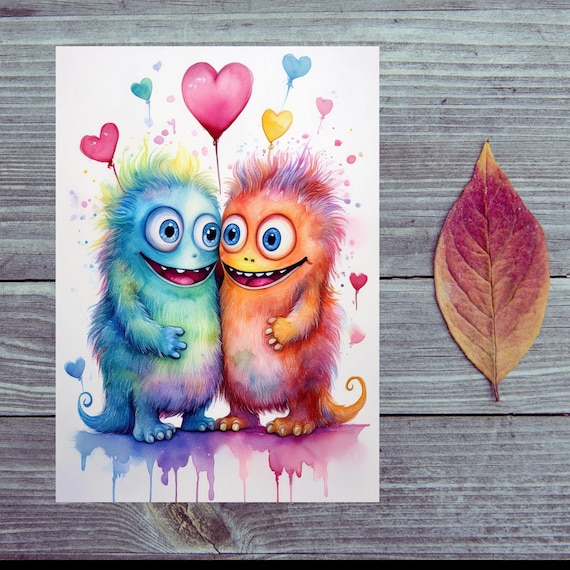 Postcard / Two Lovers Sweet Monsters Postcard / A Heartfelt Message of Love