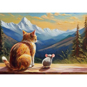 Postal. Gato y ratón mirando las montañas.