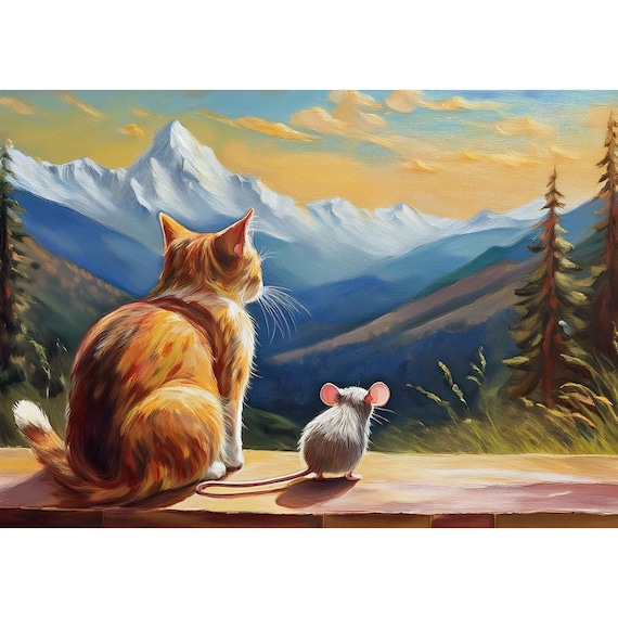 Postcard. Cat and mouse looking at the mountains