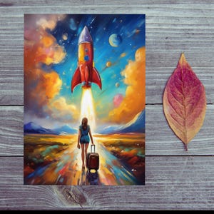 Carte postale / Bon voyage / Avec la fusée / Carte postale avec motif fusée et femme avec une valise