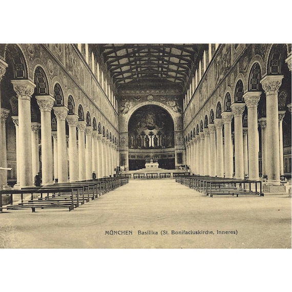 Retro postcard / Munich / Basilica / St. Bonifacius Church / interior