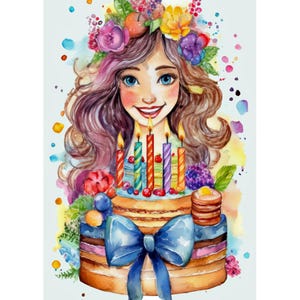 Tarjeta postal. Mujer trae pastel