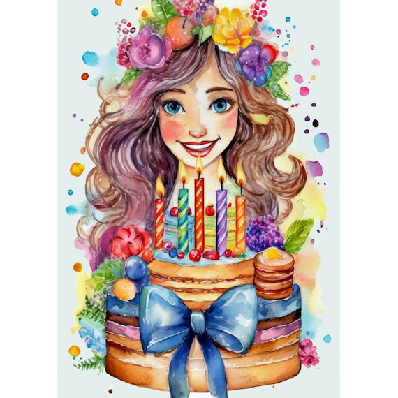 Postcard. Woman brings cake