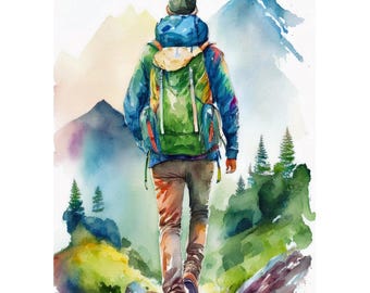 Ansichtkaart in aquarel van wandelaars – kaart met illustratie van berglandschap – kaart voor buitenavonturen – wenskaart