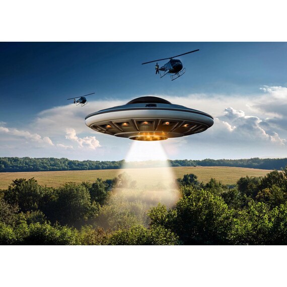 Postcard. UFO hovering over a forest