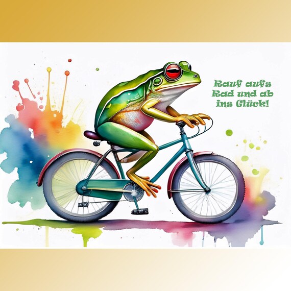 Postcard. Funny saying Get on your bike and off to happiness